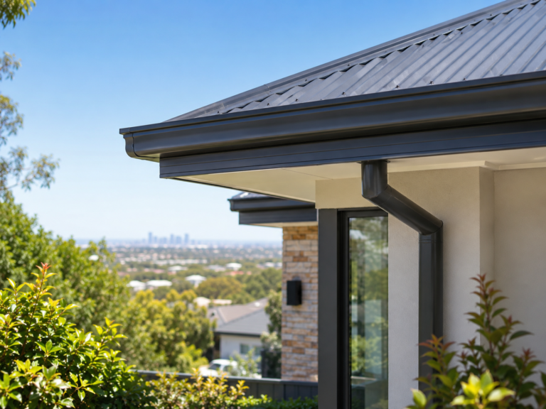 Close-up of clean gutters, downpipes and a dark metal roof on a Mount Barker SA home, with leafy greenery and distant Adelaide Hills views in the background.