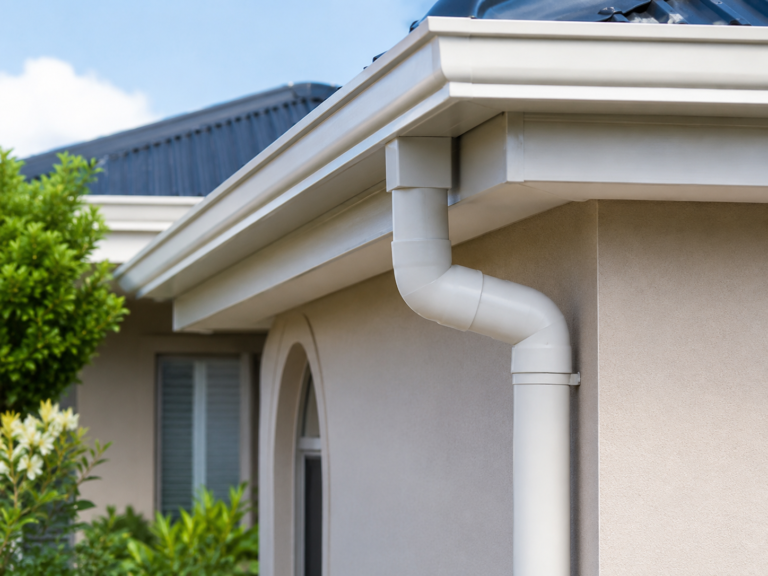 Close-up of clean white gutters and downpipe on a Murray Bridge SA home, with a dark metal roof, cream exterior walls, garden greenery and bright blue sky.
