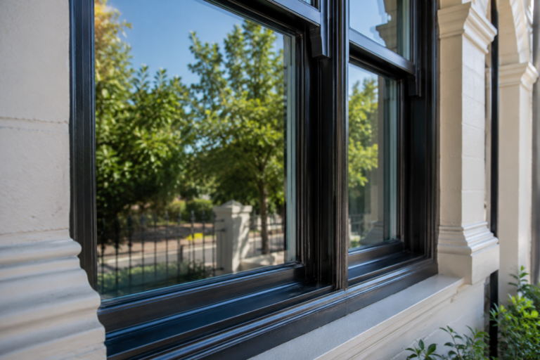 Close-up of a freshly cleaned black-framed window on an Adelaide SA home, showing clear glass reflections of trees, a front fence and bright outdoor greenery.