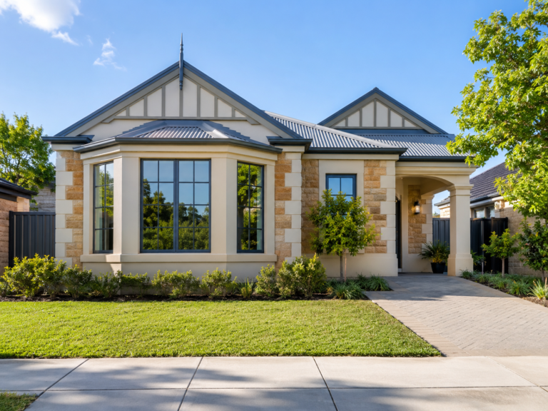 Front view of a freshly cleaned Aldgate SA home with cream rendered walls, stone features, clear black-framed windows, tidy roofline, landscaped garden and bright green lawn.