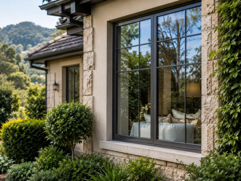 Close-up of a clean black-framed window on a Stirling SA home, with stone exterior walls, garden shrubs and reflections of trees in the glass.